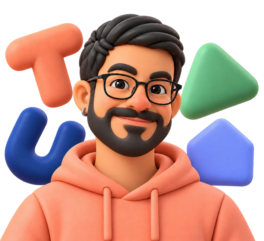 Personaje 3D de Felipe Tau con anteojos y buzo durazno, rodeado por las formas de Tauhaus