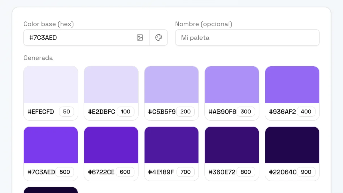 Generador de Colorsitos con una paleta violeta de 11 tonos creada a partir de #7C3AED